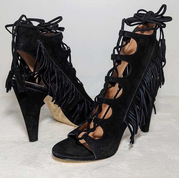 Sigerson Morrison Shoes - Sigerson Morrison Sandal Suede Fringe Ankle Wrap Ghillie Tie Heel Black 8.5 NIB